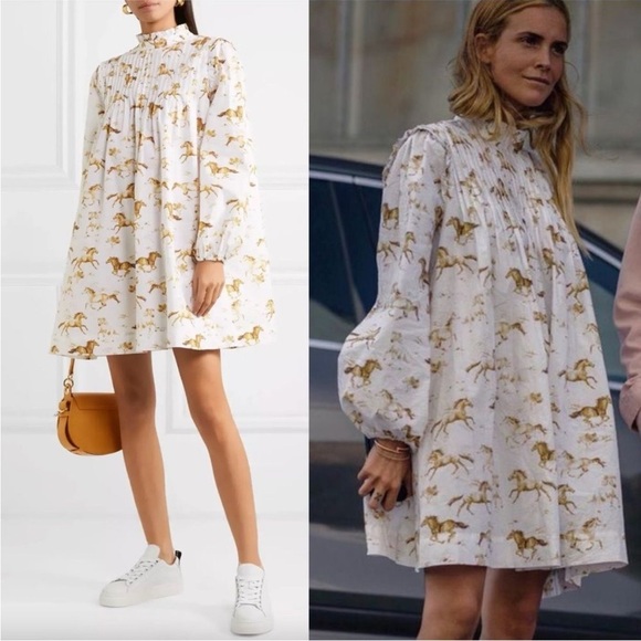 New with Tags GANNI White Horse Print Cotton Mini Dress - Picture 2 of 16